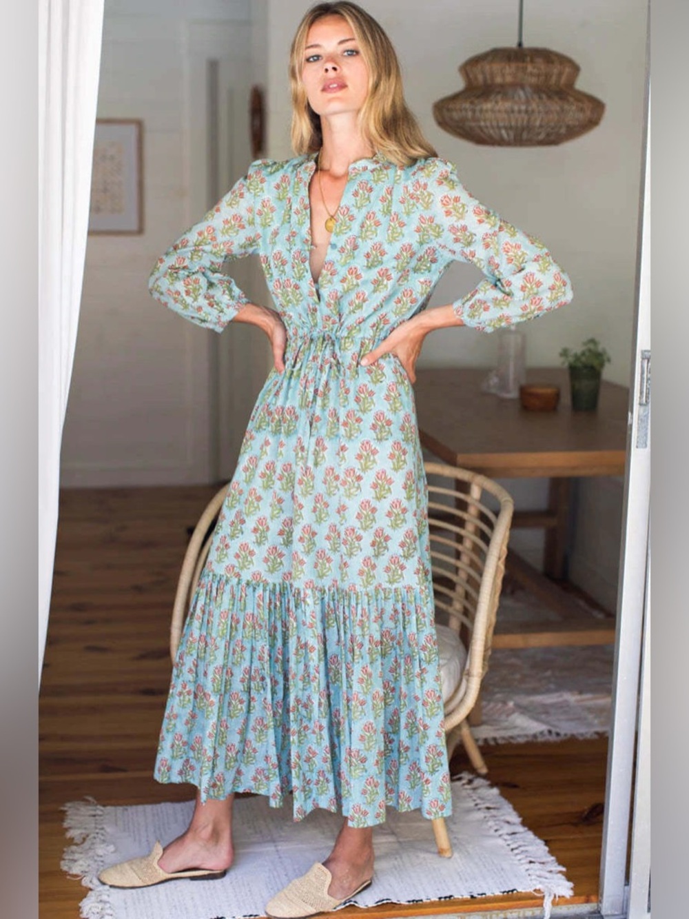 NEW Emerson Fry Floral Midi Dress in Light Blue and Pink